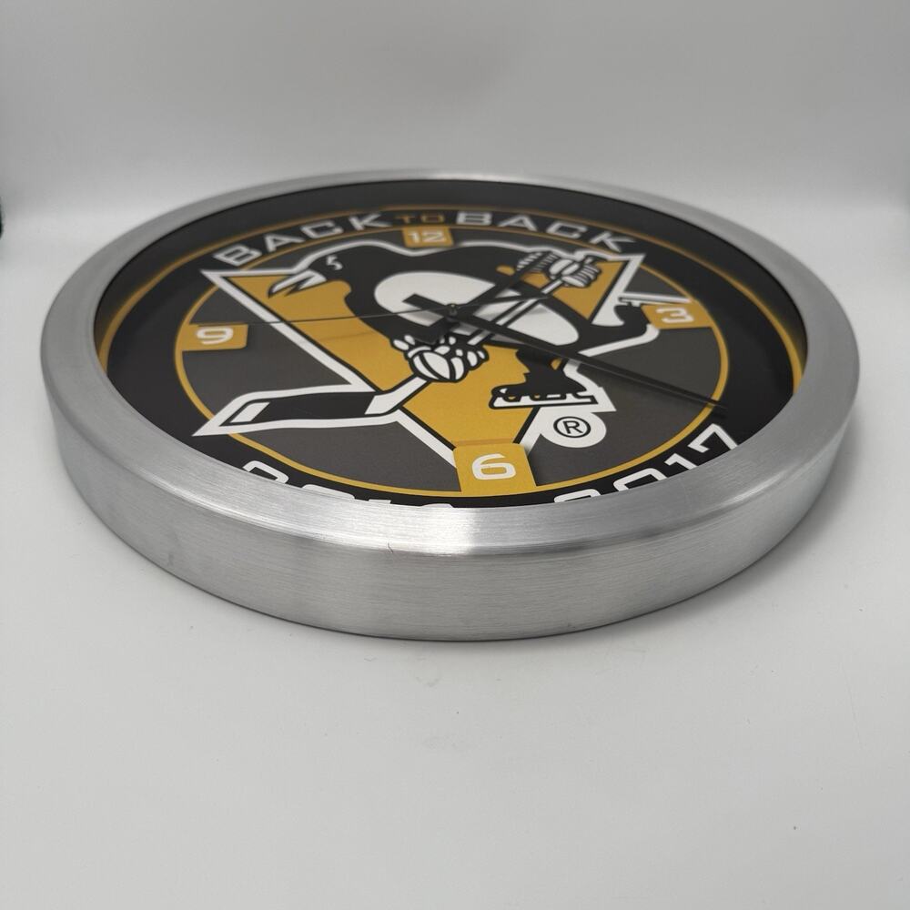 WinCraft Chrome 14” Clock NHL Pittsburgh Penguins Back To Back Champions - Picture 4 of 7